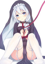 Rule 34 | 1girl, 3:, alternate costume, bdsm, blue eyes, blush, bondage, bound, bound wrists, breasts, cameltoe, cleft of venus, closed mouth, collar, garter straps, hair between eyes, highres, honkai (series), honkai impact 3rd, leash, long hair, looking at viewer, no panties, nun, partially visible vulva, pelvic curtain, qunqing, shadow, simple background, sitting, small breasts, solo, tears, theresa apocalypse, theresa apocalypse (valkyrie pledge), thighhighs, thighs, veil, viewer holding leash, white background, white hair, white thighhighs