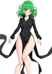 Rule 34 | 1girl, absurdres, ahoge, bare legs, breasts, collarbone, commentary, covered navel, curly hair, dress, eyelashes, feet out of frame, green eyes, green hair, groin, highres, kirin3145, long sleeves, looking at viewer, medium hair, one-punch man, parted lips, side slit, simple background, small breasts, solo, tatsumaki, taut clothes, taut dress, thighs, white background, wide hips