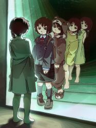 Rule 34 | 5girls, absurdres, animal-themed footwear, animal costume, backpack, bag, barefoot, bear costume, black skirt, black socks, brown eyes, brown footwear, brown hair, camisole, commentary, devogamer2, dress, english commentary, green dress, grey jacket, hair ornament, highres, iwakura lain, jacket, loafers, looking at another, multiple girls, oversized clothes, oversized shirt, plaid, plaid skirt, reflection, school uniform, serial experiments lain, shirt, shoes, short hair, skirt, slippers, socks, x hair ornament, yellow shirt