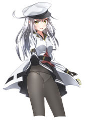 Rule 34 | 10s, 12ko, 1girl, belt, black gloves, black skirt, breasts, clothes lift, flat cap, gangut (kancolle), gloves, grey hair, hat, highres, jacket, kantai collection, lifted by self, long hair, long sleeves, looking at viewer, medium breasts, military, military hat, military jacket, military uniform, miniskirt, panties, pantyhose, peaked cap, red shirt, shirt, skirt, solo, underwear, uniform, white background, yellow eyes