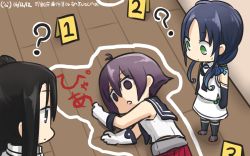 Rule 34 | 3girls, ?, blue hair, chalk outline, commentary request, corpse, crime scene, dated, death, dying message, elbow gloves, gloves, hair ribbon, hamu koutarou, highres, kantai collection, long hair, low twintails, multiple girls, nachi (kancolle), purple hair, ribbon, sakawa (kancolle), school uniform, serafuku, side ponytail, sidelocks, sleeveless, suzukaze (kancolle), thighhighs, twintails