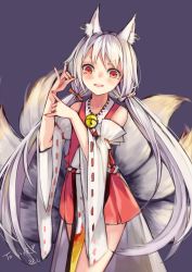 Rule 34 | 1girl, animal ears, bad id, bad pixiv id, bell, blush, collar, detached sleeves, earrings, extra ears, fox ears, fox girl, fox shadow puppet, fox tail, hair ribbon, highres, japanese clothes, jewelry, long hair, looking at viewer, miko, miniskirt, multiple tails, nail polish, neck bell, ookamisama, open mouth, orange eyes, original, red nails, ribbon, ribbon-trimmed sleeves, ribbon trim, silver hair, simple background, sketch, skirt, smile, solo, tail, twintails, upper body, very long hair, wide sleeves