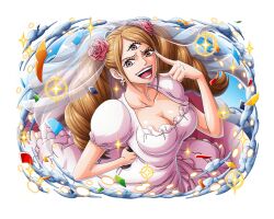 Rule 34 | 1girl, bridal veil, brown eyes, brown hair, charlotte pudding, dress, flower, hair ornament, looking at viewer, official art, one piece, one piece treasure cruise, open mouth, rose, third eye, veil, wedding dress, white dress