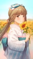 Rule 34 | 1girl, absurdres, bad id, bad pixiv id, blue sky, blunt bangs, blush, bow, brown eyes, commentary request, day, field, floral print, flower, flower field, hair bow, hair ribbon, highres, holding, holding flower, idolmaster, idolmaster cinderella girls, japanese clothes, kimono, light brown hair, long hair, long sleeves, looking at viewer, low ponytail, outdoors, ponytail, red ribbon, ribbon, sash, senbei no kakera, sky, smile, solo, striped, striped bow, sunflower, sunflower field, upper body, very long hair, wide sleeves, yorita yoshino