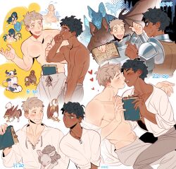 Rule 34 | 2boys, animal, armor, bat (animal), black hair, blue eyes, bombyoon, book, bracer, brown hair, brushing teeth, collared shirt, cow girl, cropped legs, dark-skinned male, dark skin, dungeon meshi, fairy, furry, furry female, griffon, grin, groin, hand up, hands up, harpy, hashtag-only commentary, highres, holding, holding animal, holding book, holding toothbrush, kabru, kiss, laios touden, light brown hair, looking at another, looking at object, looking to the side, loving aura, male focus, mermaid, monster, monster girl, multiple boys, multiple views, navel hair, nipples, open mouth, oversized animal, pauldrons, plunging neckline, pointing, shaded face, sheep, shirt, short hair, shoulder armor, single pauldron, smile, standing, timestamp, toothbrush, topless male, undercut, upper body, very short hair, white background, white shirt, yaoi, yellow eyes