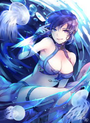Rule 34 | 1girl, alternate costume, armpits, artist name, bikini, breasts, cleavage, dagger, earrings, fingerless gloves, fire emblem, fire emblem: the blazing blade, fire emblem heroes, glint, gloves, highres, hoop earrings, jellyfish, jewelry, knife, looking at viewer, medium breasts, nail polish, nintendo, parted lips, purple bikini, purple eyes, purple gloves, purple hair, sarong, short hair, signature, solo, swimsuit, tarayuki, thigh strap, thighs, ursula (fire emblem), ursula (summer) (fire emblem), water, weapon, wrist guards