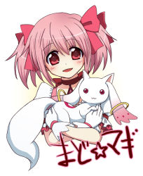 Rule 34 | 10s, bad id, bad pixiv id, blush, bow, gloves, hair bow, hug, kaname madoka, kyubey, magical girl, mahou shoujo madoka magica, mahou shoujo madoka magica (anime), open mouth, pink eyes, pink hair, short hair, short twintails, smile, twintails, yamamori (machidaco)