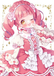 Rule 34 | 1girl, ;d, akagi anna, blunt bangs, border, commentary, dress, drill hair, flower, frilled sleeves, frills, hairband, hand up, highres, kiratto pri chan, lolita fashion, lolita hairband, looking at viewer, medium hair, ojou-sama pose, one eye closed, open mouth, pink dress, pink flower, pink hair, pink rose, pretty series, puu (kari---ume), rose, simple background, smile, solo, sweet lolita, twin drills, twintails, white background, white dress, yellow eyes