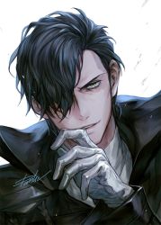 Rule 34 | 1boy, black cape, black hair, black jacket, cape, danhu, fire emblem, fire emblem: three houses, gloves, green eyes, hair over one eye, hand up, hubert von vestra, jacket, long sleeves, looking at viewer, male focus, nintendo, shirt, short hair, signature, simple background, smile, solo, upper body, white background, white gloves, white shirt