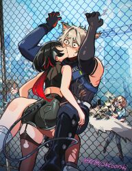 &gt;o&lt; 2boys 3girls absurdres against_fence animal_ears ass assertive_female black_hair blood brown_hair commentary english_commentary fence firing garter_straps grey_hair gun hair_between_eyes handgun hetero highres holding holding_gun holding_weapon hollow_thug_bulky_enforcer_(zenless_zone_zero) injury jane_doe_(zenless_zone_zero) kiss long_tail mouse_ears mouse_girl mouse_tail multicolored_hair multiple_boys multiple_girls pantyhose patreon_username pointy_ears red_hair scared seth_lowell single_garter_strap single_leg_pantyhose snegovski surprised tail thighhighs tomiya_(zenless_zone_zero) torn_clothes torn_pantyhose torn_thighhighs torn_vest trembling two-tone_hair weapon zenless_zone_zero zhu_yuan