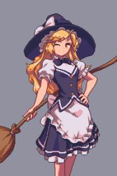 Rule 34 | 1girl, ;), black hat, black vest, blonde hair, bow, braid, broom, closed mouth, cowboy shot, grey background, hair bow, hand on own hip, hat, hat bow, holding, holding broom, kirisame marisa, long hair, looking at viewer, one eye closed, pixel art, potemki11, side braid, simple background, single braid, smile, solo, standing, touhou, vest, white bow, yellow eyes