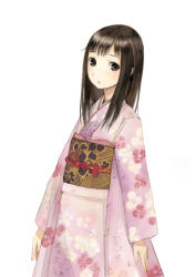 Rule 34 | 1girl, brown eyes, brown hair, expressionless, floral print, furisode, japanese clothes, kimono, kishida mel, long hair, looking at viewer, obi, open mouth, original, sash, simple background, solo, standing