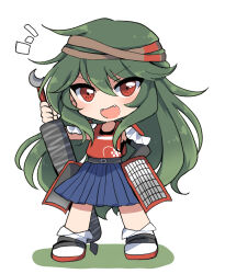 Rule 34 | 1other, androgynous, belt, black belt, black gloves, blue skirt, brown headband, chibi, commentary request, dot nose, elbow gloves, gloves, green hair, headband, highres, holding, len&#039;en, long hair, notice lines, open mouth, other focus, ougi hina, pleated skirt, red eyes, red shirt, sandals, sharp teeth, shirt, simple background, single elbow glove, skirt, sleeveless, sleeveless shirt, smile, socks, solo, taira no fumikado, teeth, v-shaped eyebrows, white background, white socks