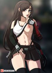 Rule 34 | 1girl, arm guards, belt, black gloves, black legwear, black skirt, breasts, brown eyes, brown hair, cleavage, clothes lift, final fantasy, final fantasy vii, fingerless gloves, gloves, gluteal fold, highres, kinkymation, large breasts, long hair, low-tied long hair, md5 mismatch, midriff, miniskirt, navel, nipples, no bra, no panties, open mouth, partially visible vulva, pussy, pussy peek, shirt lift, skirt, skirt lift, suspender skirt, suspenders, tank top, teeth, thighs, tifa lockhart, very long hair, white tank top