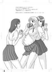 Rule 34 | 3girls, belly, blonde hair, breasts, eating, feeding, food, force-feeding, forced, greyscale, burger, holding, large breasts, lowres, monochrome, multiple girls, navel, restrained, school, skirt, standing, translation request, uniform, what