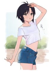 Rule 34 | 1girl, :&lt;, antenna hair, arm behind back, arm up, black hair, blue shorts, breasts, brick wall, collarbone, commentary, cowboy shot, crop top, crop top overhang, cropped legs, denim, denim shorts, foliage, from side, grey eyes, hair between eyes, idolmaster, idolmaster (classic), kikuchi makoto, looking afar, looking ahead, midriff, navel, outdoors, outside border, parted lips, ryuuboku (stapler2355), shading eyes, shirt, short hair, short shorts, short sleeves, shorts, sky, small breasts, solo, spread fingers, standing, sweat, t-shirt, translated, vignetting, white shirt