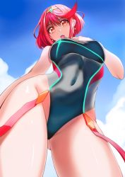 Rule 34 | 1girl, breasts, competition swimsuit, day, from below, large breasts, legs, looking at viewer, nintendo, oki kuro, one-piece swimsuit, open mouth, pyra (xenoblade), red eyes, red hair, short hair, straddling, swimsuit, thighs, view between legs, xenoblade chronicles (series), xenoblade chronicles 2