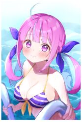 Rule 34 | 1girl, ahoge, bare shoulders, bikini, blunt bangs, braid, breasts, closed mouth, collarbone, hair ribbon, highres, hitsujisnow, hololive, large breasts, long hair, looking at viewer, minato aqua, minato aqua (hololive summer 2019), multicolored hair, pink eyes, pink hair, pool ladder, ribbon, skindentation, solo, striped bikini, striped clothes, swimsuit, twintails, two-tone hair, upper body, virtual youtuber, water, wavy mouth, wet