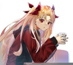 Rule 34 | 1girl, blonde hair, blush, bow, breasts, contemporary, cup, ereshkigal (fate), fate/grand order, fate (series), hair bow, hamanashi (trapiorra), highres, hood, hooded jacket, jacket, leaning forward, long hair, long sleeves, looking at viewer, medium breasts, mug, nail polish, parted bangs, parted lips, red jacket, two side up