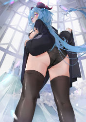 Rule 34 | 1girl, ass, black panties, black thighhighs, blue hair, blush, breasts, dema hmw, from below, ganyu (genshin impact), genshin impact, goat horns, highres, horns, lace, lace panties, large breasts, long hair, long sleeves, looking at viewer, open clothes, paid reward available, panties, parted bangs, purple eyes, solo, thighhighs, underwear