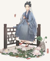 Rule 34 | 1girl, absurdres, anata no utahime (lzr13708949567), black hair, bug, butterfly, chinese clothes, chinese text, closed mouth, dress, duijin ruqun, flower, full body, fuzi, hair bun, hair ornament, hanfu, highres, holding, insect, koi, lily pad, long sleeves, looking at viewer, lotus, red footwear, rock, shawl, shoes, simple background, sitting, solo, white background, white flower, wide sleeves