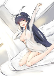 Rule 34 | 1girl, absurdres, armor, bare legs, barefoot, bed, bed sheet, black hair, blush, bo li wei ling, breasts, cleavage, dutch angle, girls&#039; frontline, hair ribbon, hairband, highres, indoors, long hair, long sleeves, looking at viewer, medium breasts, naked shirt, no bra, on bed, one eye closed, pillow, ribbon, shirt, sitting, solo, stretching, type 95 (girls&#039; frontline), very long hair, wariza, white hairband, white ribbon, yawning, yellow eyes