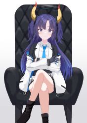 Rule 34 | 1girl, absurdres, black footwear, black gloves, blue archive, blue necktie, blush, closed mouth, collared shirt, commentary request, crossed legs, gloves, highres, horns, jacket, long hair, long sleeves, looking at viewer, necktie, pout, purple eyes, purple hair, shirt, shoes, solo, two-sided fabric, two-sided jacket, two side up, white jacket, white shirt, yellow horns, yuso mrk315, yuuka (blue archive)