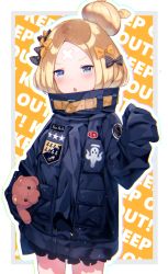Rule 34 | !, 1girl, abigail williams (fate), abigail williams (traveling outfit) (fate), text background, bad id, bad pixiv id, black bow, black jacket, blonde hair, blue eyes, blush, bow, caution tape, chestnut mouth, english text, fate/grand order, fate (series), hair bow, hair bun, hand up, heroic spirit traveling outfit, hoshi usagi, jacket, keep out, long hair, long sleeves, looking at viewer, hugging object, official alternate costume, orange bow, outline, parted bangs, parted lips, polka dot, polka dot bow, revision, single hair bun, sleeves past fingers, sleeves past wrists, solo, sparkle, stuffed animal, stuffed toy, teddy bear, white outline