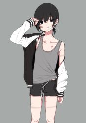 Rule 34 | 1boy, androgynous, bandaid, bandaid on face, black eyes, black hair, black shorts, collarbone, grey background, grey tank top, highres, injury, jacket, light smile, looking at viewer, male focus, off shoulder, original, piko (pixiv), rope marks, short ponytail, short shorts, shorts, simple background, sleeves past wrists, solo, tank top