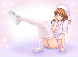 Rule 34 | 1girl, arm support, bad id, bad pixiv id, brown eyes, brown hair, catsmoon, hat, head rest, highres, knee up, leg up, legs, looking at viewer, no pants, nurse, nurse cap, panties, pink panties, pink thighhighs, sandals, short sleeves, sitting, smile, solo, thighhighs, thighs, underwear, white thighhighs