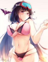 Rule 34 | 1girl, bare shoulders, bat (animal), bikini, blush, breasts, brown hair, cleavage, e-note, fate/grand order, fate (series), glasses, goggles, goggles on head, highres, large breasts, long hair, looking at viewer, navel, origami, osakabehime (fate), osakabehime (swimsuit archer) (fate), osakabehime (swimsuit archer) (second ascension) (fate), pink bikini, purple eyes, red-framed eyewear, ski goggles, skindentation, swimsuit, twintails