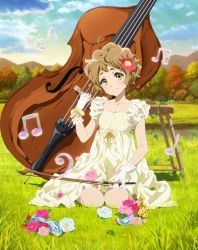 Rule 34 | 10s, 1girl, bass clef, beamed quavers, brown hair, cloud, collarbone, day, double bass, dress, flower, full body, glass slipper, gloves, grass, hair flower, hair ornament, hibike! euphonium, highres, instrument, kawashima sapphire, looking at viewer, musical note, official art, outdoors, plant, quaver, short hair, sitting, solo, vines, wavy hair, white gloves