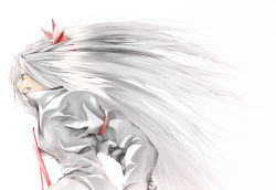 Rule 34 | 1girl, arm strap, bad id, bad pixiv id, bow, clenched teeth, female focus, from side, fujiwara no mokou, hair bow, long hair, long sleeves, looking away, popped collar, profile, shihara yoshihito, shirt, silver hair, solo, suspenders, teeth, touhou, white shirt, white theme