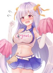 Rule 34 | 1girl, azur lane, bare shoulders, poking belly, belt, blush, braid, braided bun, breasts, character name, cheerleader, clothes writing, collared shirt, commentary request, cowboy shot, cygnet (azur lane), cygnet (royal fanfare) (azur lane), disembodied hand, double bun, elbow gloves, flying sweatdrops, gloves, hair bun, hair ribbon, highres, hikkyou, large breasts, long hair, midriff, miniskirt, navel, nose blush, open mouth, panties, pantyshot, pom pom (cheerleading), purple skirt, red eyes, ribbon, shirt, side bun, sidelocks, simple background, single side bun, skirt, sleeveless, solo focus, standing, sweatdrop, tears, underwear, w arms, wavy mouth, whistle, whistle around neck, white background, white belt, white gloves, white hair, white panties, white shirt