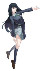 Rule 34 | :&lt;, absurdres, arm at side, belt, black belt, black hair, black socks, blue jacket, blue skirt, breasts, brown footwear, commentary, english commentary, finger gun, foot up, full body, highres, holding, inoue takina, jacket, kneehighs, loafers, long hair, looking ahead, lycoris recoil, lycoris uniform, medium breasts, outstretched arms, parted lips, psy-cho, purple eyes, rubber band, shoes, simple background, skirt, socks, tiptoes, very long hair, white background