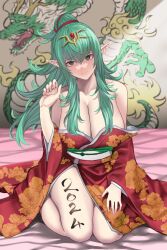 Rule 34 | 1girl, 2024, alternate costume, bare legs, bare shoulders, blush, body writing, breasts, chinese zodiac, cleavage, dragon, eastern dragon, fire emblem, fire emblem awakening, floral print, green eyes, green hair, hand on own leg, head tilt, highres, japanese clothes, kimono, large breasts, new year, nintendo, off shoulder, pocari66, pointy ears, sagging breasts, seiza, sitting, solo, thighs, tiara, tiki (adult) (fire emblem), tiki (fire emblem), year of the dragon