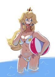 Rule 34 | 1girl, artist request, ball, beachball, bikini, blonde hair, blue eyes, breasts, cleavage, highres, large breasts, legs, long hair, mario (series), navel, nintendo, open mouth, princess, princess peach, smile, solo, source request, super mario bros. 1, super star (mario), swimsuit, thighs, transparent background, water, wet, white bikini