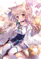 Rule 34 | 1girl, animal ears, arm at side, artist name, black footwear, blouse, blue neckerchief, blue ribbon, blue sailor collar, blue skirt, blush, breasts, cat, cherry blossoms, clothing cutout, commentary request, dango, dappled sunlight, day, eating, fingernails, food, fox ears, fox girl, fox tail, full body, highres, holding, holding food, large breasts, light brown hair, looking at viewer, mikeou, nail polish, neckerchief, original, outdoors, petals, pink nails, red eyes, ribbon, sailor collar, shadow, shirt, shoes, shoulder cutout, sitting, skirt, solo, stairs, stone stairs, sunlight, tail, thighhighs, wagashi, white shirt, white thighhighs