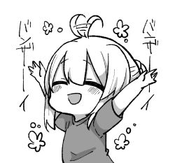 Rule 34 | 1girl, :d, \o/, ^ ^, afterimage, ahoge, ahoge wag, arms up, blush, braid, closed eyes, commentary request, copyright request, expressive hair, facing viewer, greyscale, hair between eyes, hair bun, highres, jako (jakoo21), monochrome, open mouth, outstretched arms, shirt, short sleeves, sidelocks, simple background, single hair bun, smile, solo, translation request, white background