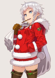 Rule 34 | 1girl, :d, black thighhighs, blue eyes, bow, braid, breasts, brown gloves, christmas, cigar, coat, cowboy shot, cross, cross earrings, earrings, emblem, flipped hair, from side, fur trim, gloves, go robots, grey background, hair bow, hand in pocket, highres, holding, holly, hood, hood down, jewelry, long sleeves, miniskirt, mistletoe, mouth hold, open mouth, original, over shoulder, pencil skirt, perky breasts, sack, santa costume, short hair with long locks, side braid, sidelocks, simple background, skindentation, skirt, sleeve cuffs, small breasts, smile, smoke, smoking, solo, standing, thighhighs, twin braids, white hair, zettai ryouiki