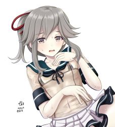 Rule 34 | 1girl, artist name, blush, brown eyes, collarbone, dated, green sailor collar, grey hair, kantai collection, long hair, navel, open mouth, pleated skirt, ponytail, sailor collar, see-through, short sleeves, signature, simple background, skirt, solo, tk8d32, usugumo (kancolle), white background, white skirt