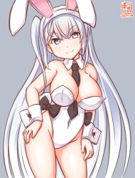Rule 34 | 1girl, animal ears, artist logo, bare legs, between breasts, black necktie, breasts, covered navel, detached collar, fake animal ears, fake tail, fuyutsuki (kancolle), gradient background, grey background, grey hair, kanon (kurogane knights), kantai collection, leotard, long hair, medium breasts, necktie, one-hour drawing challenge, playboy bunny, rabbit ears, rabbit tail, solo, strapless, strapless leotard, tail, white leotard, wrist cuffs