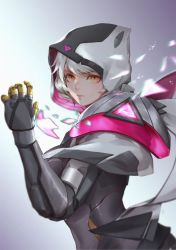 Rule 34 | 1girl, cloak, closed mouth, gradient background, highres, hood, hood up, irelia, lcw961904412, league of legends, mechanical arms, project: irelia, project irelia, scratches, short hair, single mechanical arm, solo, torn clothes, upper body, white hair, yellow eyes