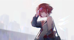 Rule 34 | 1girl, antenna hair, arknights, bag, bare shoulders, black jacket, breasts, cityscape, closed mouth, commentary request, energy wings, expressionless, exusiai (arknights), eyewear on head, fog, from side, grey background, hair strand, halo, hand on own head, huanxiang heitu, jacket, leaning back, looking at viewer, looking back, messenger bag, off shoulder, red hair, shirt, short hair, shoulder bag, sleeveless, sleeveless turtleneck, small breasts, solo, strap, sunglasses, turtleneck, white shirt, wings, yellow eyes