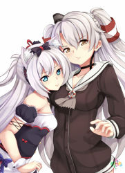 Rule 34 | 2girls, amatsukaze (kancolle), animal ears, aniqi, ascot, azur lane, bare shoulders, black bow, black choker, black dress, blue eyes, bow, breasts, brown ascot, brown dress, brown eyes, cat ears, cat hair ornament, choker, chrisandita, closed mouth, collaboration, collarbone, commentary request, commission, crossover, dress, from side, hair between eyes, hair bow, hair ornament, hair ribbon, hair tubes, half updo, hammann (azur lane), hat, head tilt, kantai collection, lifebuoy, long hair, long sleeves, medium breasts, mini hat, multiple girls, puffy short sleeves, puffy sleeves, red ribbon, remodel (azur lane), ribbon, sailor collar, sailor dress, see-through, short sleeves, sidelocks, silver hair, simple background, small breasts, smokestack, swim ring, trait connection, twintails, two side up, very long hair, white background, white sailor collar, wrist cuffs