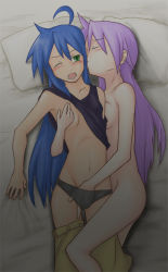 Rule 34 | 00s, 2girls, ahoge, ameco, bad id, bad pixiv id, bed, blue hair, blush, breast press, breast slip, breasts, closed eyes, fingering, grabbing, grabbing another&#039;s breast, hand in panties, hiiragi kagami, izumi konata, lucky star, lying, mole, mole under eye, multiple girls, navel, nude, on back, on bed, on side, one breast out, one eye closed, open mouth, panties, purple hair, small breasts, underwear, wink, yuri