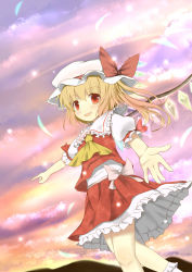 Rule 34 | 1girl, absurdres, ascot, blonde hair, blush, bunchou (bunchou3103), fang, female focus, flandre scarlet, hat, hat ribbon, highres, outdoors, outstretched hand, pointing, red eyes, ribbon, side ponytail, sky, slit pupils, solo, embodiment of scarlet devil, touhou, wings