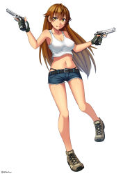 Rule 34 | 1girl, ahoge, bare shoulders, belt, belt buckle, belt pouch, beretta 92, boots, breasts, brown hair, buckle, cleavage, commentary request, covered erect nipples, cross-laced footwear, cutoffs, denim, denim shorts, dual wielding, full body, gloves, gun, hair between eyes, handgun, highleg, highleg panties, highres, holding, holster, lace-up boots, large breasts, long hair, looking at viewer, navel, ndtwofives, original, panties, partially fingerless gloves, pistol, ponytail, pouch, rifle, shorts, shoulder holster, smile, solo, tank top, tongue, tongue out, twitter username, underwear, weapon, white background, yellow eyes