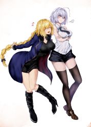 Rule 34 | 2girls, absurdres, ahoge, bad id, bad pixiv id, black dress, blonde hair, blush, boots, braid, breasts, commentary request, cosplay, costume switch, dress, fate/grand order, fate (series), high heel boots, high heels, highres, jeanne d&#039;arc (fate), jeanne d&#039;arc (girl from orleans) (fate), jeanne d&#039;arc (ruler) (fate), jeanne d&#039;arc alter (fate), jeanne d&#039;arc alter (ver. shinjuku 1999) (fate), knee boots, large breasts, loafers, long hair, long jacket, multiple girls, necktie, nozoyuki, official alternate costume, pale skin, pout, shoes, short dress, short hair, shorts, silver hair, single braid, sleeveless, squiggle, thighhighs, thighs, white background, yellow eyes