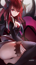 Rule 34 | 1girl, artist name, ass, bad id, bad pixiv id, black thighhighs, breasts, elsword, head wings, karis (elsword), looking at viewer, red eyes, red hair, smile, solo, swd3e2, thighhighs, thighs, wings